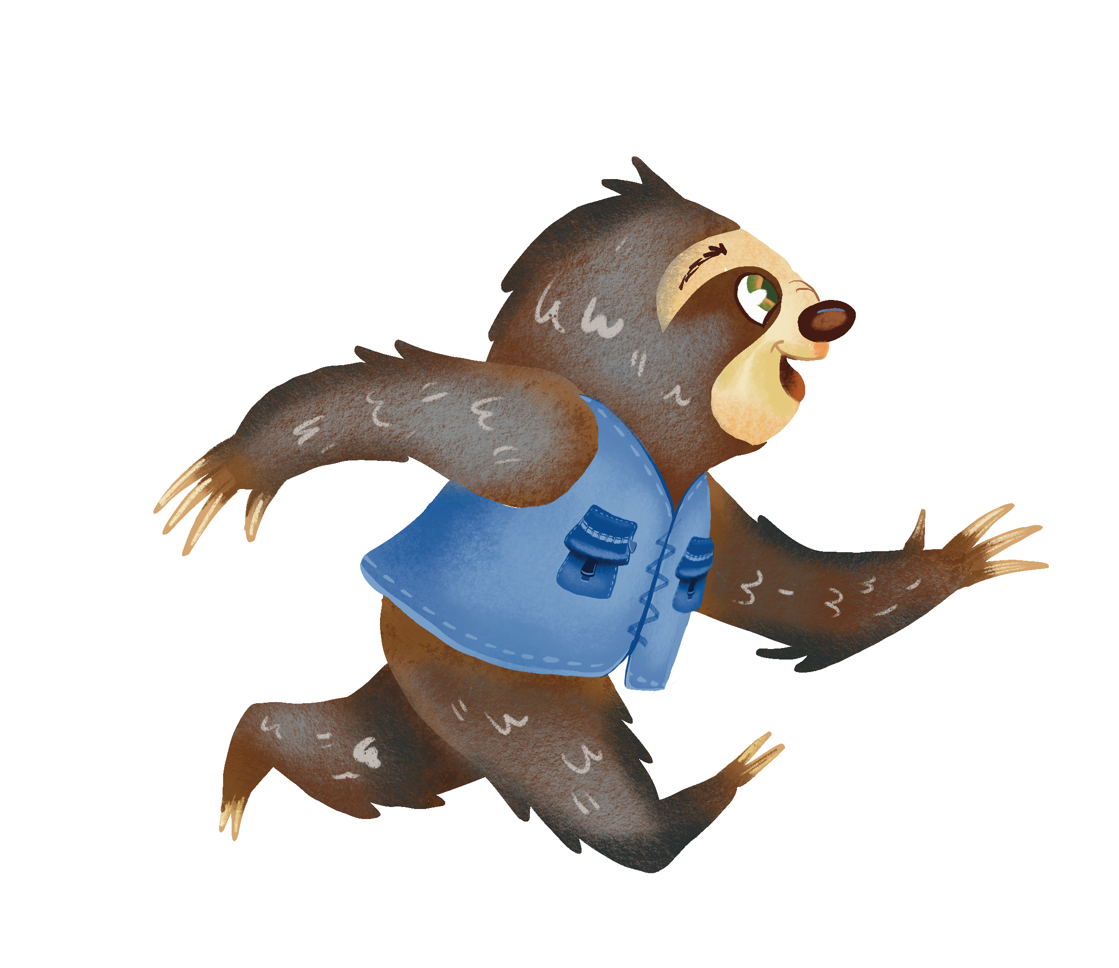 Otto el perezoso corriendo con su chaleco azul